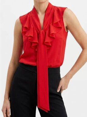LOFT Red Ruffle V-Neck Tie Front Blouse Scarf Neck Top Summer Office Chic XS